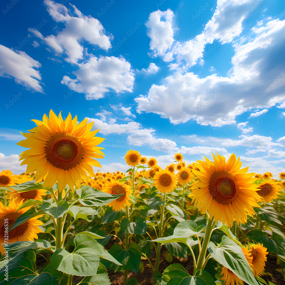 A field of sunflowers under a blue sky. 