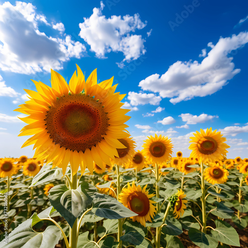 A field of sunflowers under a blue sky. 