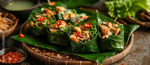 A close-up of a plate of food, wrapped in leaves, showcasing a delicious recipe with fresh ingredients and terrestrial plants.