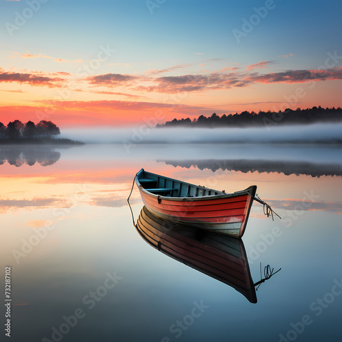 A lone boat on a calm lake at sunrise. 