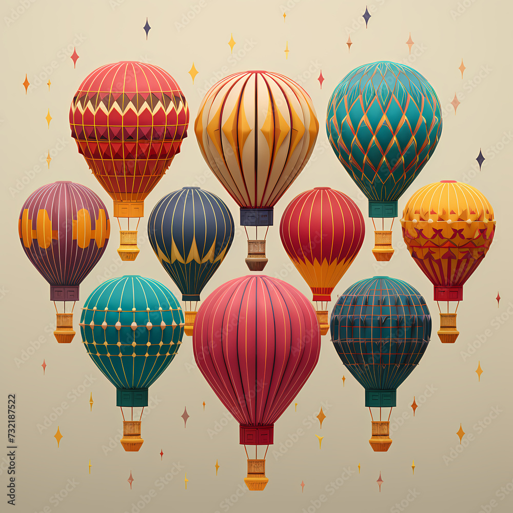 A symmetrical arrangement of colorful hot air balloons
