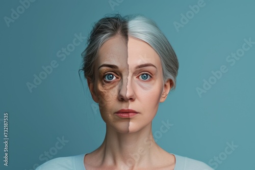 Aging chronic care. Comparison young to old generation wrinkle tips. Less Wrinkles, psoriasis, facial milia, lines through skin care, anti aging cream, gray hair and Plastic surgery photo