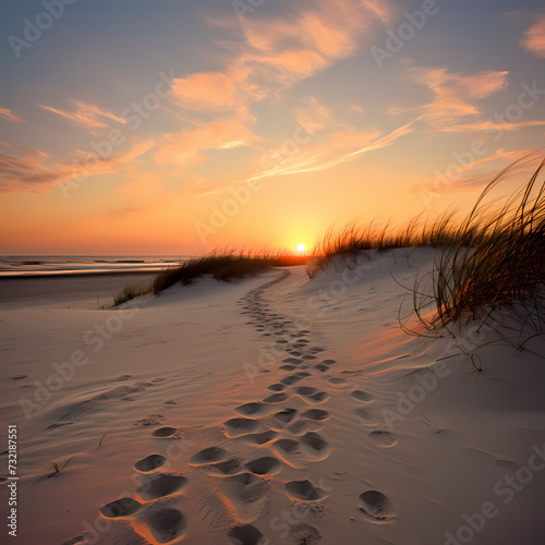A trail of footprints in the sand at sunrise. 