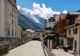 Chamonix - The Mont Blanc over the glacial river and the town.
