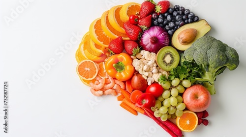 The human brain over a white setting  crafted from fresh fruits and veggies with space  Generative AI.