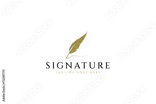 feather pen signature logo illustration vector design template with gold design color photo