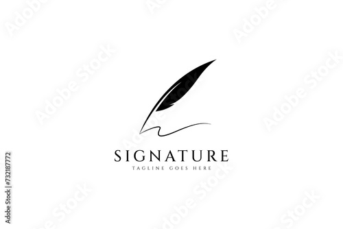 Quill pen signature logo design in vintage classic design flat vector