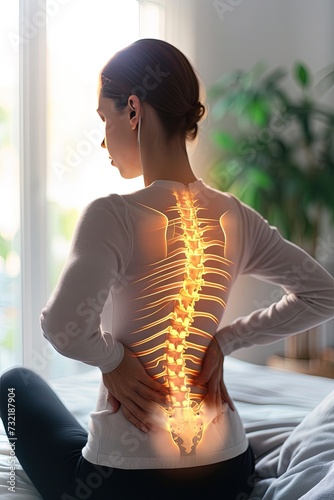 Digital composite of highlighted spine of woman with back pain at home. The highlighted spine depicts the agony of chronic back pain.