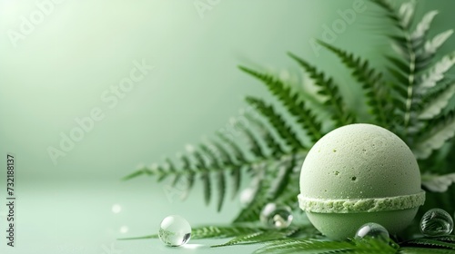Top view of bath bomb with fern leaves decorative vibe and a empty space on a green surface, Generative AI.