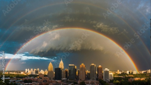 A panoramic cityscape view under the magical glow of a double rainbow following a storm, with skyscrapers reflecting the myriad of colors Generative AI