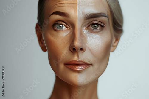Aging volume comparison. Young to old generation end of life care. Less Wrinkles, light hair color, microdermabrasion, lines through skin care, anti aging cream, youthful energy and facial contouring