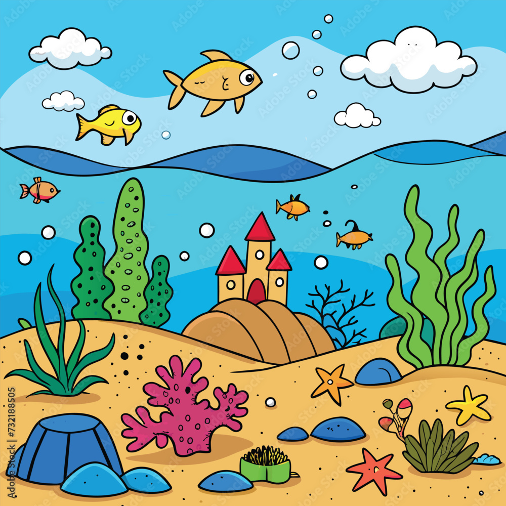 Obraz premium Cartoon underwater landscape with fish ,sea animal, corals and reefs. Underwater aquatic life landscape, ocean scenery
