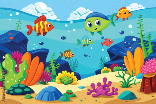Fototapeta Naklejka Na Ścianę i Meble -  Cartoon underwater landscape with fish ,sea animal, corals and reefs. Underwater aquatic life landscape, ocean scenery