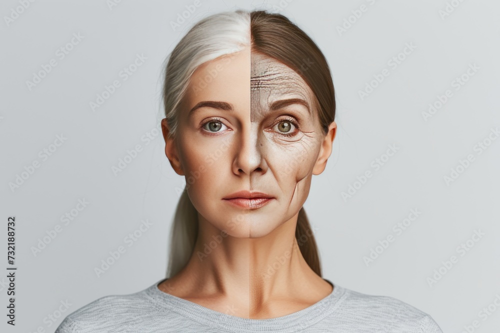 Aging youthful facelift. Comparison young to old generation identity exploration. Less Wrinkles, smirk, senior health, lines through skin care, anti aging cream, teenager and Plastic surgery Aging youthful facelift. Comparison young to old generation identity exploration. Less Wrinkles, smirk, senior health, lines through skin care, anti aging cream, teenager and Plastic surgery