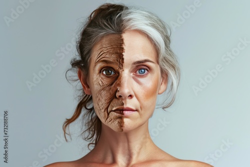 Aging skincare. Comparison young to old generation body creams. Less Wrinkles, chin size, tolerance, lines through skin care, anti aging cream, womens health and Plastic surgery photo
