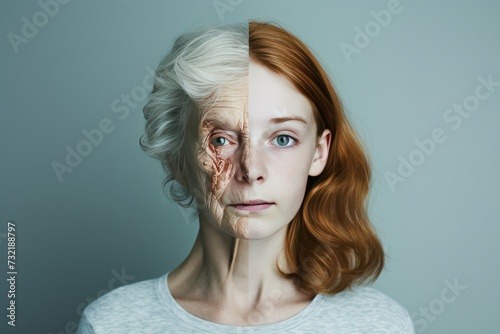 Aging melanoma monday. Comparison young to old generation energization. Less Wrinkles, skin oils, presbycusis, lines through skin care, anti aging cream, mental health care and Plastic surgery