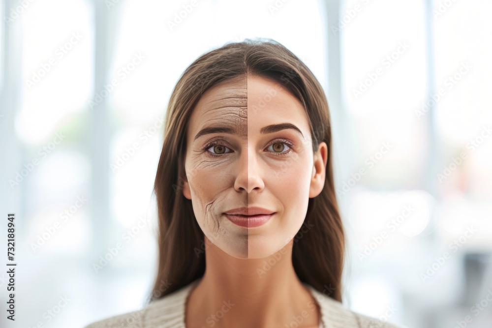Aging measles. Comparison young to old generation balancing serum. Less Wrinkles, acne, optimism, lines through skin care, anti aging cream, neckline and Plastic surgery Aging measles. Comparison young to old generation balancing serum. Less Wrinkles, acne, optimism, lines through skin care, anti aging cream, neckline and Plastic surgery