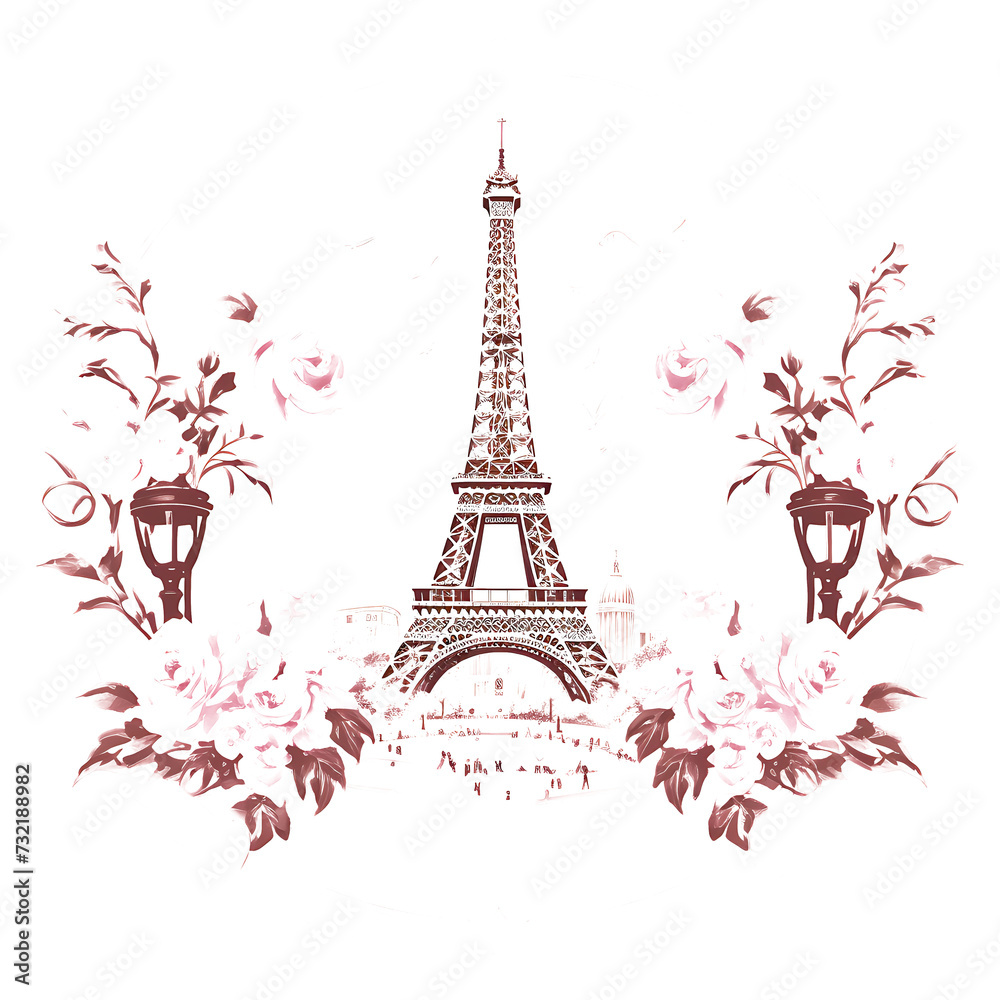 Stamp of Paris City With Monochrome Blush Pink Color Eiffel Tower and Transparent PNG City Concept Art Tshirt Design Illustration Label Diverse City Castle Large Urban Market Project Collage 