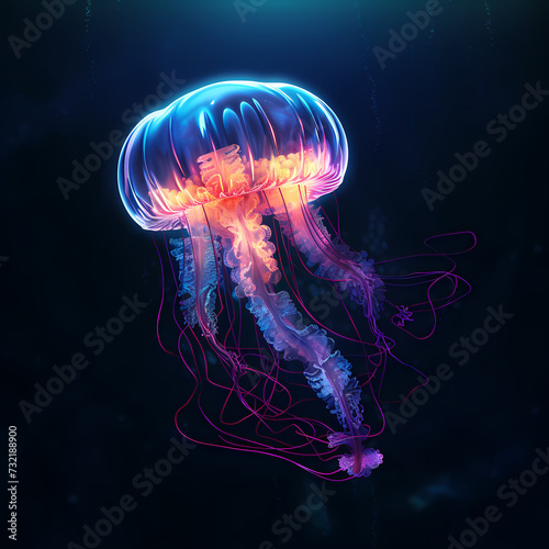 Bioluminescent jellyfish floating in a dark ocean. © Cao