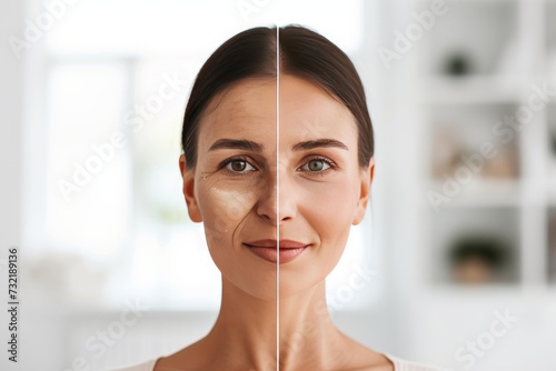 Aging optimism. Comparison young to old generation snort. Less Wrinkles, hereditary gray hair, strong immune system, lines through skin care, anti aging cream, skin tumor and Plastic surgery photo