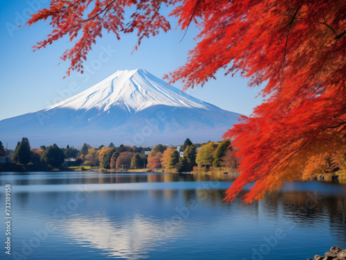From Oishi Park in Yamanashi Prefecture, Japan, the morning vista of Mount Fuji framed by Kokia bushes showcasing their autumnal colors creates a scene of unparalleled natural beauty