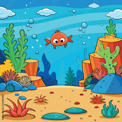Cartoon underwater landscape with fish  sea animal  corals and reefs. Underwater aquatic life landscape  ocean scenery