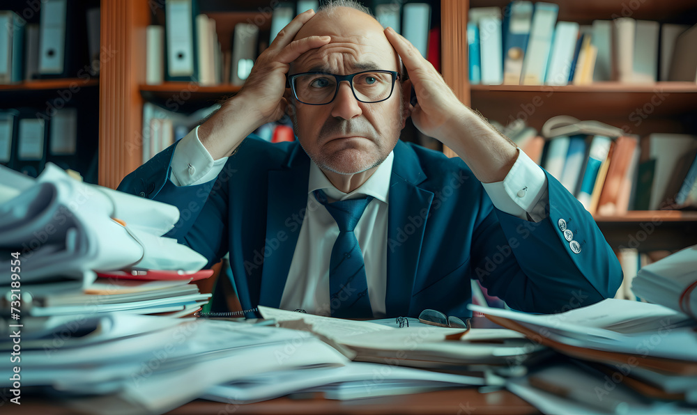 Desperate or sad middle aged businessman sitting pensively behind his desk in the office , Generative AI Desperate or sad middle aged businessman sitting pensively behind his desk in the office , Generative AI