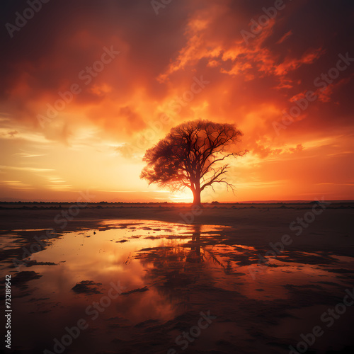 Dramatic silhouette of a lone tree against a fiery sunset.