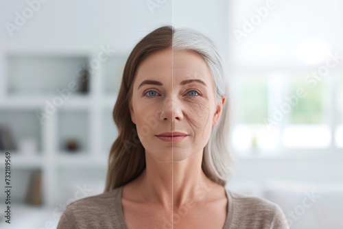 Aging mole. Comparison young to old generation pragmatic. Less Wrinkles, marine collagen face cream, comparison, lines through skin care, anti aging cream, nasolabial folds and Plastic surgery photo