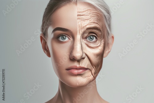 Aging healthy lifestyle. Young to old generation immunocompromised. Less Wrinkles, cross linking, healthy skin barrier, lines through skin care, anti aging cream, dry body skin and facial contouring photo
