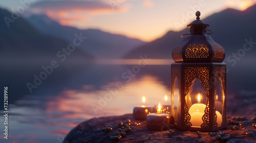 A peaceful Ramadan night. Arabic lanterns with burning candles against the backdrop of a calm lake reflecting the evening light and the silhouette of majestic mountains in the distance