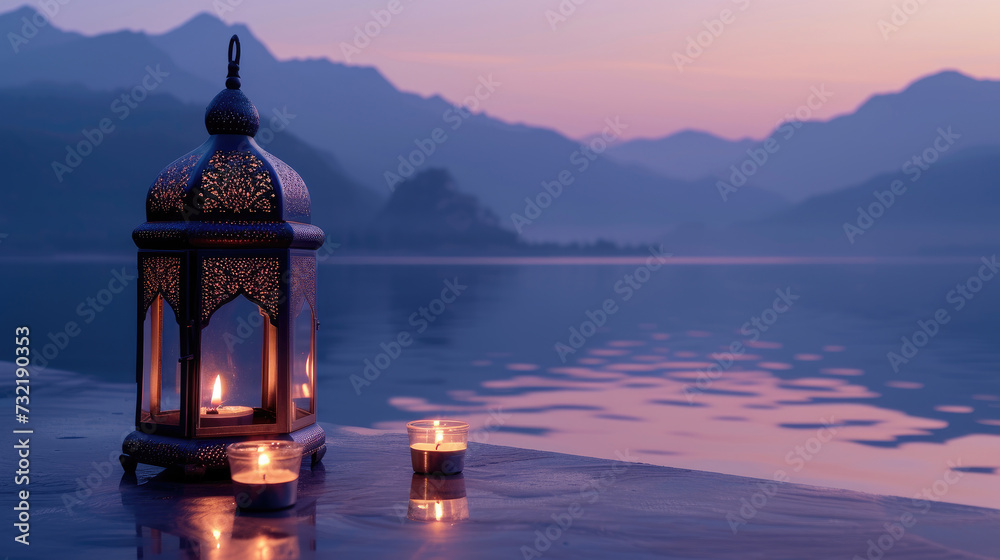 A peaceful Ramadan night. Arabic lanterns with burning candles against the backdrop of a calm lake reflecting the evening light and the silhouette of majestic mountains in the distance