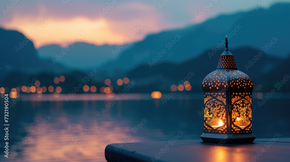 A peaceful Ramadan night. Arabic lanterns with burning candles with a view of the majestic lake and mountains under the ethereal light of dusk A peaceful Ramadan night. Arabic lanterns with burning candles with a view of the majestic lake and mountains under the ethereal light of dusk
