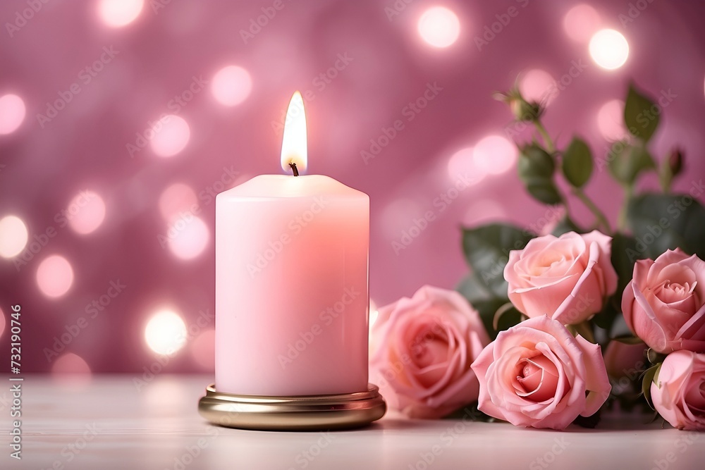 Burning candle with roses on table against blurred lights, space for text Burning candle with roses on table against blurred lights, space for text