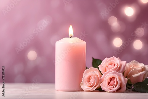 Burning candle with roses on table against blurred lights  space for text