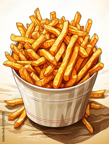 A pile of French fries in a white bowl. Fast food menu illustration