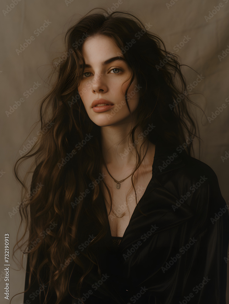a woman in black with brown hair and long wavy hair, in the style of dark beige and gray, Generative AI a woman in black with brown hair and long wavy hair, in the style of dark beige and gray, Generative AI