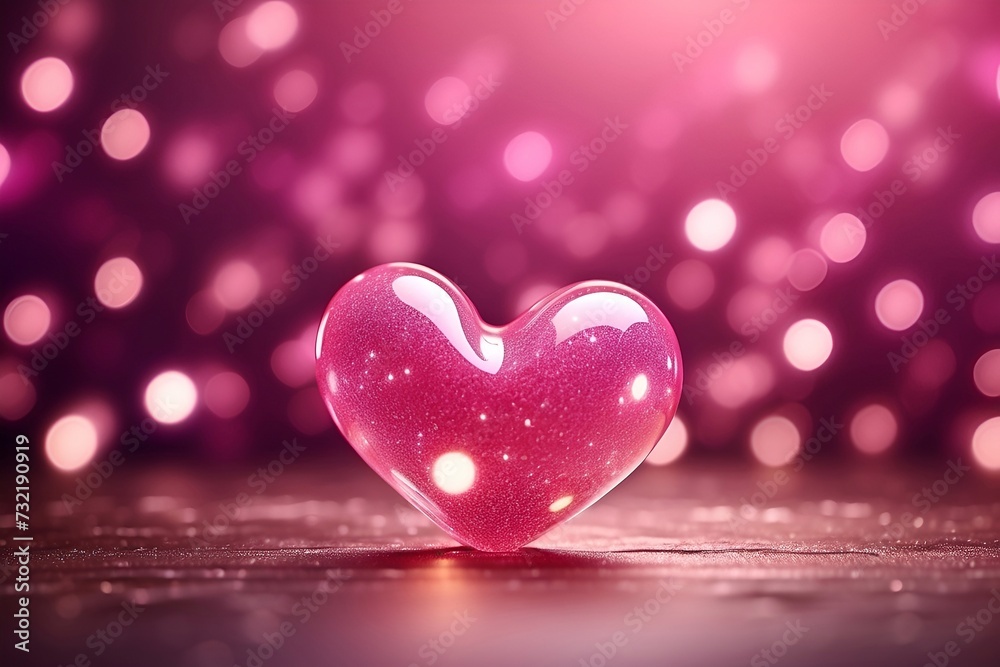 A pink heart on wooden table, bokeh background, valentine day romantic background.