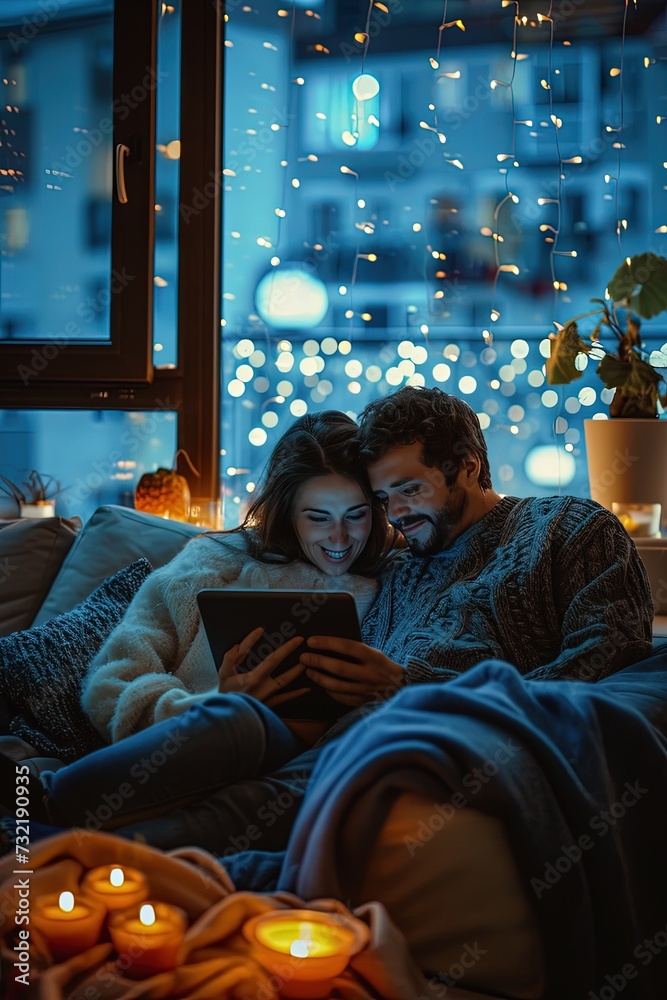 Couple having night at home watching movie on tablet computer. Cozy movie night at home with the perfect company.