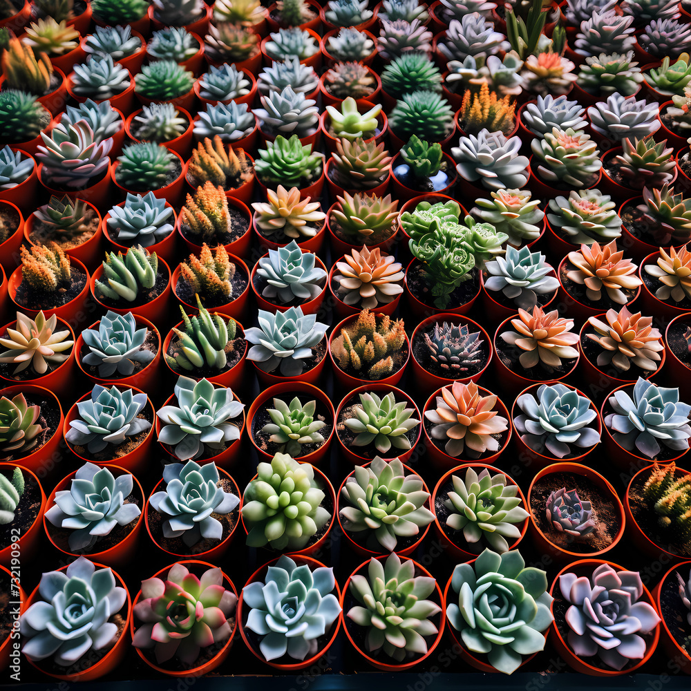 Rows of neatly arranged succulents in pots. 