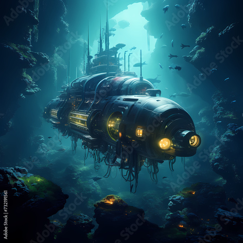 Submarine exploring the depths of an alien ocean.  © Cao