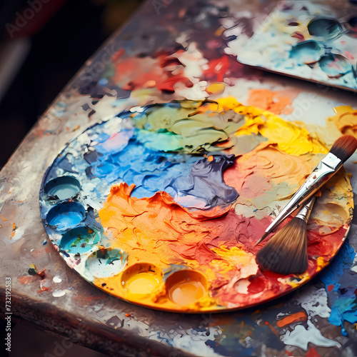 A close-up of an artists paint palette.