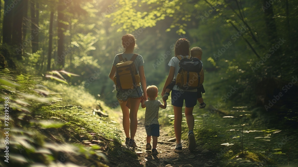 Mother and her little sons hiking trough forest