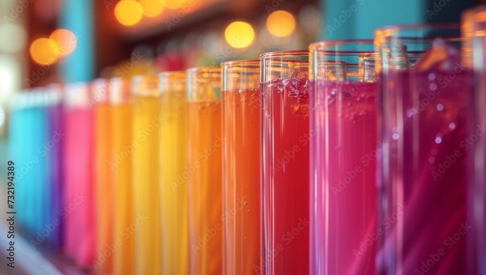 Vibrant line-up of colorful drinks in tall glasses - obrazy, fototapety, plakaty 