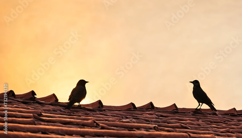 two birds standing on a building with an afternoon atmosphere 