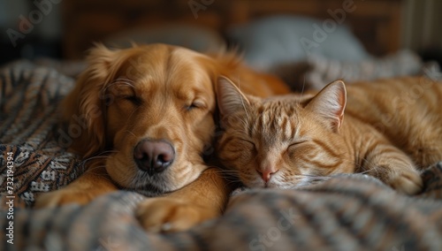 Peaceful dog and cat cuddled together on a blanket © Iona