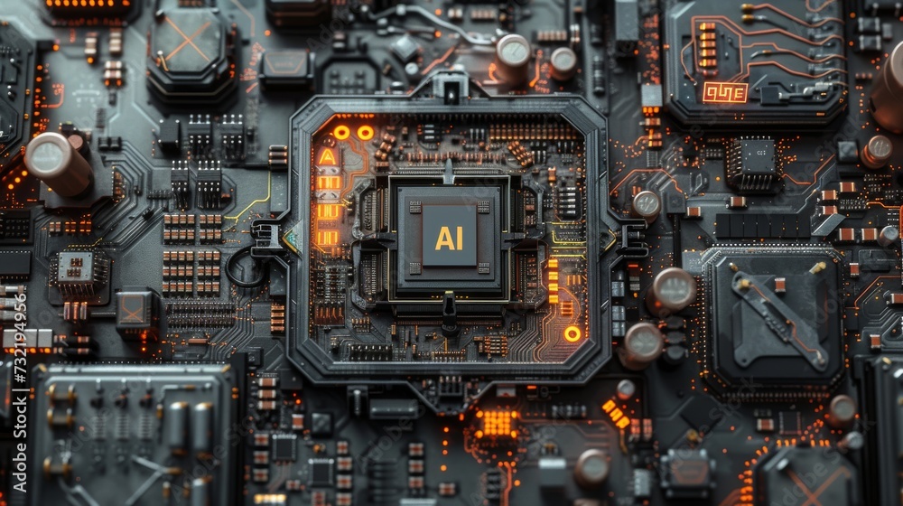 Fototapeta premium AI, artificial intelligence concept CPU digital technology artificial intelligence computer processor board chip Advanced Mobile Microprocessor Connecting Motherboard and Activating the entire System
