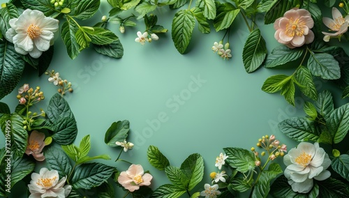 Green botanical frame with a variety of flowers and leaves