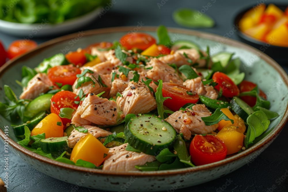 Healthy salad with tomatoes, cucumbers, and tuna, nutritious