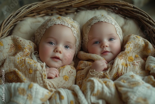 Newborn twins in a wicker basket, cozy and adorable